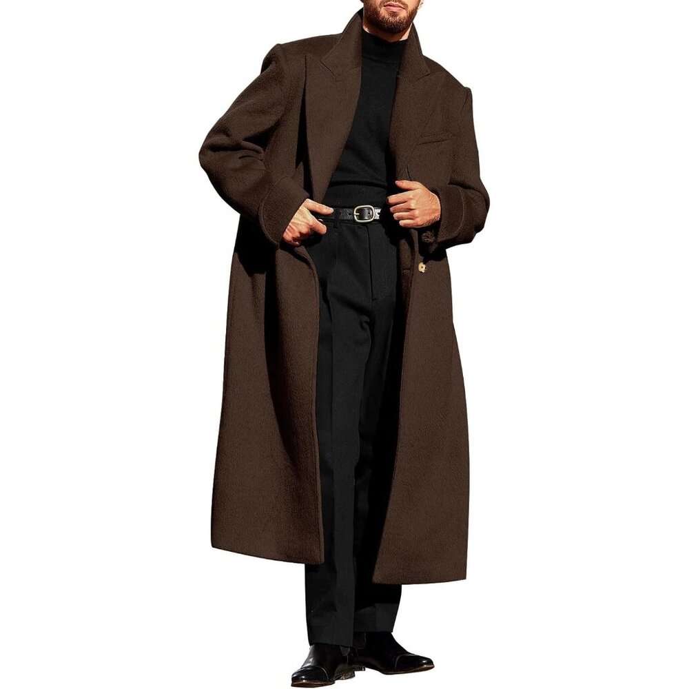 Men's Coffee Wool Blend Pea Coat Notched Collar Double Breasted Trench Coats